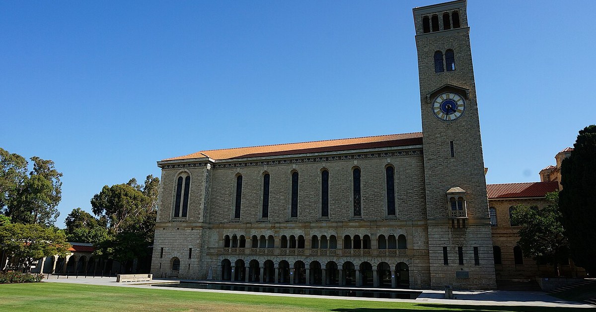 Archive photograph of Winthrop Hall at UWA in Perth, Australia; not the India campus